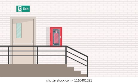 Exit door vector. free space for text. wallpaper. background. fire door. 
Fire extinguisher. stair.