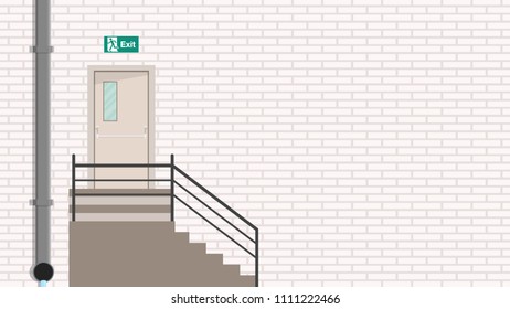 Exit door vector. stair. wallpaper. background. brick wall. free space for text. fire door.