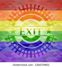 Exit emblem on mosaic background with the colors of the LGBT flag