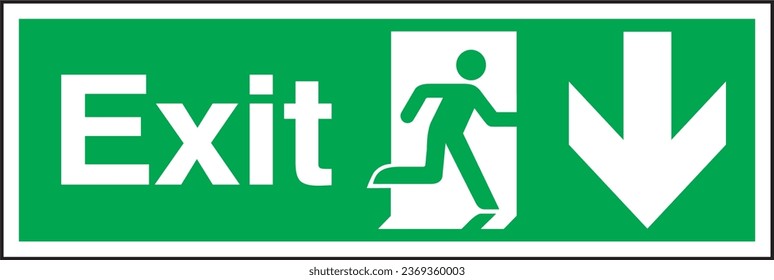 Exit emergency escape routes running man door arrow direction right down signs.