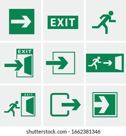 exit emergency vector icon set green for safety and escape in danger icons