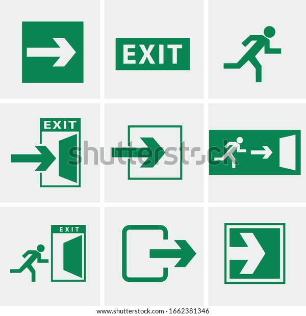 exit emergency vector icon set green for safety and\
escape in danger icons