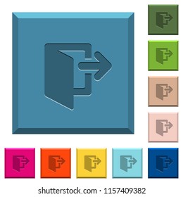 Exit engraved icons on edged square buttons in various trendy colors