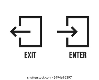 Exit entrance icon. Vector isolated black icon. Doorway entrance exit sign. Login and logout icons. Set of sign out, Sign in vector icon. Open and close door symbol. Black exit and enter arrow, vector