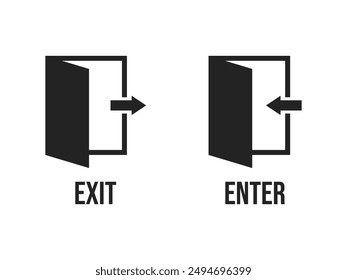 Exit entrance icon. Vector isolated black icon. Doorway entrance exit sign. Login and logout icons. Set of sign out, Sign in vector icon. Open and close door symbol. Black exit and enter arrow, vector