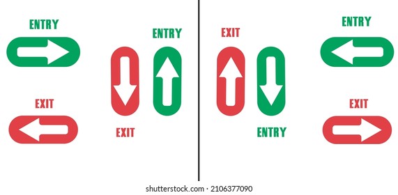 Exit and entry signs in different directions, right, left, up, down .