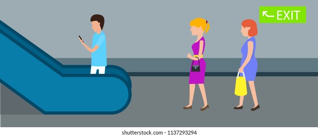 Exit escalator metro banner horizontal. Flat illustration of vector exit escalator metro banner horizontal for web design