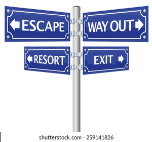 EXIT, ESCAPE, WAY OUT and RESORT, written on four signposts. Isolated vector illustration on white background.