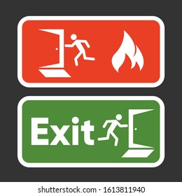 Exit fire signs set. Emergency Exit. Man figure running to doorway. Plate fire exit. Vector illustration