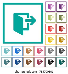 Exit flat color icons with quadrant frames on white background