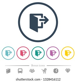 Exit flat color icons in round outlines. 6 bonus icons included.