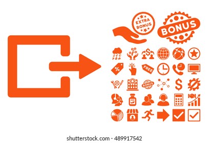 Exit icon with bonus pictograph collection. Vector illustration style is flat iconic symbols, orange color, white background.