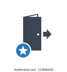 Exit icon, emergency, escape, evacuation concept icon with star sign. Exit icon and best, favorite, rating symbol