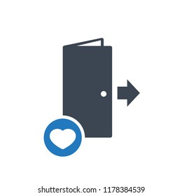 Exit icon, emergency, escape, evacuation concept icon with heart sign. Exit icon and favorite, like, love, care symbol