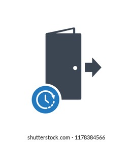 Exit icon, emergency, escape, evacuation concept icon with time sign. Exit icon and countdown, deadline, schedule, planning symbol