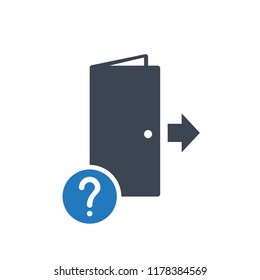 Exit icon, emergency, escape, evacuation concept icon with question mark. Exit icon and help, how to, info, query symbol