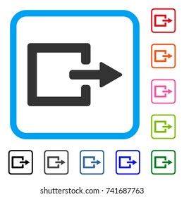 Exit icon. Flat grey pictogram symbol inside a light blue rounded squared frame. Black, gray, green, blue, red, orange color additional versions of Exit vector. Designed for web and app interfaces.