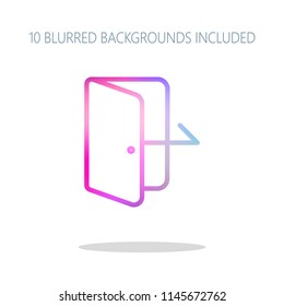 Exit icon. Linear, thin outline. Colorful logo concept with simple shadow on white. 10 different blurred backgrounds included