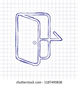 Exit icon. Linear, thin outline. Hand drawn picture on paper sheet. Blue ink, outline sketch style. Doodle on checkered background