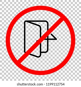 Exit icon. Linear, thin outline. Not allowed, black object in red warning sign with transparent background