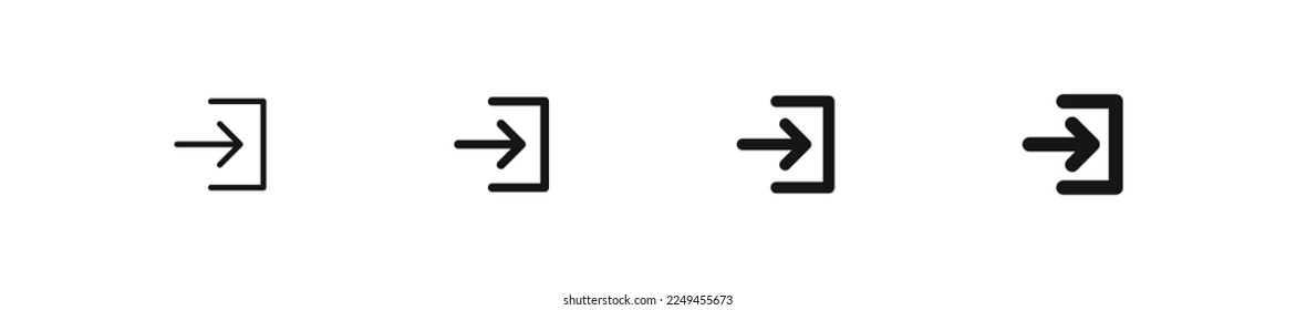 Exit icon. Logout symbol. Door signs. Login symbols. Arrow out icons. Black color. Vector isolated sign.