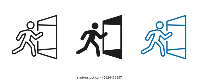 Exit icon. Person running through open door vector illustration. Emergency escape route symbol used in safety signage. Suitable for evacuation plans, wayfinding systems and alert instructions.