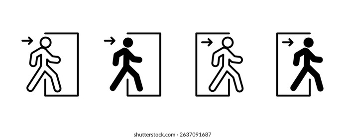 Exit icon. Person walking through doorway with arrow pointing right vector illustration. Emergency evacuation route symbol for safety signage. Directional access and escape path sign.