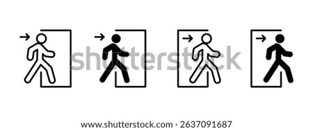 Exit icon. Person walking through doorway with arrow pointing right vector illustration. Emergency evacuation route symbol for safety signage. Directional access and escape path sign.