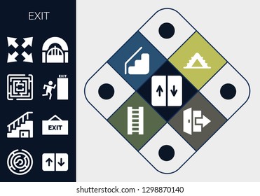  exit icon set. 13 filled exit icons. Simple modern icons about  - Elevator, Maze, Stairs, Exit, Labyrinth, Maximize, Door, Ladder, Logout