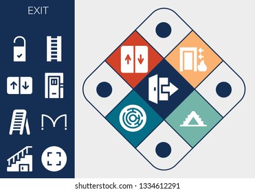 exit icon set. 13 filled exit icons.  Simple modern icons about  - Logout, Stairs, Maximize, Ladder, Doors, Elevator, Door, Doorknob, Exit, Labyrinth