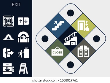 exit icon set. 13 filled exit icons.  Collection Of - Stairs, Elevator, Ladder, Logout, Exit, Door, Labyrinth, Close, Doors icons
