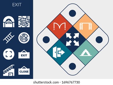 exit icon set. 13 filled exit icons.  Simple modern icons such as: Maximize, Stairs, Close, Exit, Ladder, Labyrinth, Door, Maze, Doors, Logout