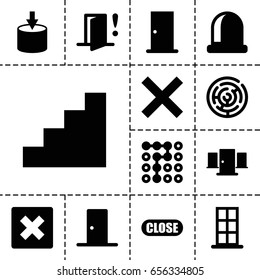 Exit icon. set of 13 filled exit icons such as door, stair, close, door warning, entrance, labyrinth, cancel