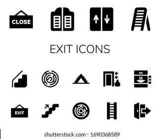 exit icon set. 14 filled exit icons.  Simple modern icons such as: Close, Doors, Elevator, Ladder, Exit, Stairs, Maze, Labyrinth, Logout