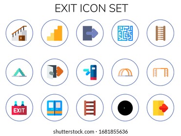 exit icon set. 15 flat exit icons. Included stairs, ladder, turnstiles, maze, door, logout icons
