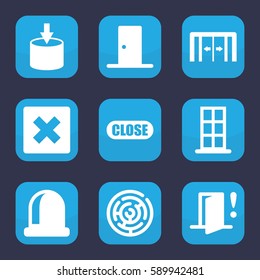 exit icon. Set of 9 filled exit icons such as sliding doors, door, close, door warning, entrance, labyrinth, cancel