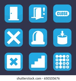 Exit icon. set of 9 filled exit icons such as door, stair, close, door warning, entrance, labyrinth, cancel