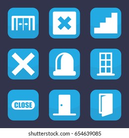 Exit icon. set of 9 filled exit icons such as sliding doors, door, stair, close, cancel