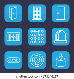 Exit Icon. Set Of 9 Outline Exit Icons Such As Sliding Doors, Door, Close, Entrance, Labyrinth