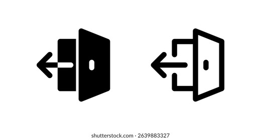 Exit Icon Set. A black glyph and outline icon of an exit sign, representing departure or logout.