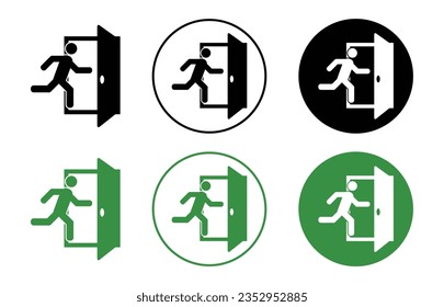 Zeichensatz beenden. Notausgang-Fluchtvektorsymbol. Evakuierungsschild in schwarz-grüner Farbe