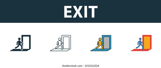 Exit icon set. Premium simple element in different styles from fire safety icons collection. Set of exit icon in filled, outline, colored and flat symbols concept.