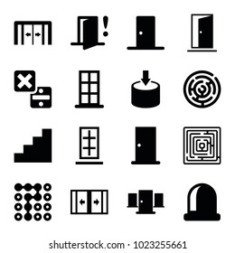 Exit icons. set of 16 editable filled exit icons such as sliding doors, door, labyrinth, opened door, stair, door warning, cancel