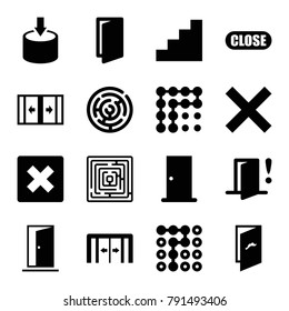 Exit icons. set of 16 editable filled exit icons such as sliding doors, door, cancel, labyrinth, stair, close, door warning