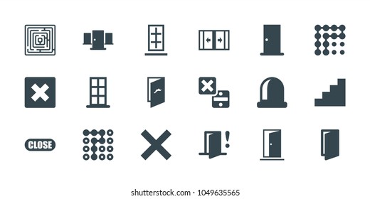 Exit icons. set of 18 editable filled exit icons: door, cancel, labyrinth, opened door, stair, close, door warning