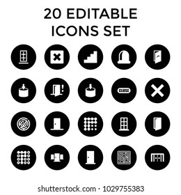 Exit icons. set of 20 editable filled exit icons such as sliding doors, door, cancel, entrance, labyrinth, opened door, stair. best quality exit elements in trendy style.