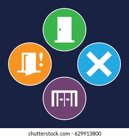 Exit icons set. set of 4 exit filled icons such as sliding doors, door, door warning