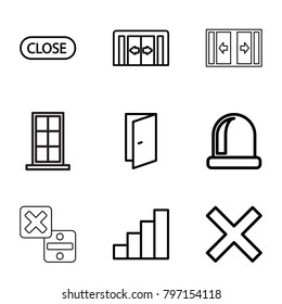 Exit icons. set of 9 editable outline exit icons such as sliding doors, door, cancel, opened door, stair