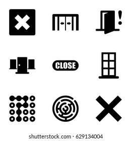Exit icons set. set of 9 exit filled icons such as sliding doors, door, close, door warning, labyrinth