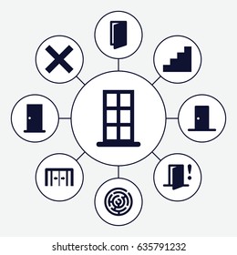 Exit icons set. set of 9 exit filled icons such as sliding doors, door, stair, door warning, labyrinth